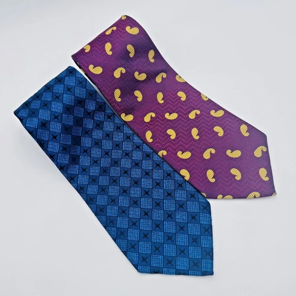 Michael Newell Silk Tie Men Lot of 2 Maroon Paisley Navy Diamond 59x4 Handmade
